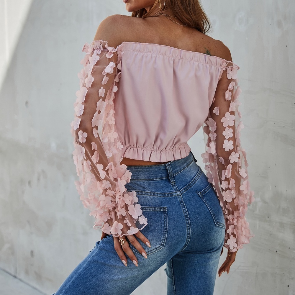 Boho Blush Pink Floral Sheer Sleeve Off Shoulder Top - Picture 4 of 7